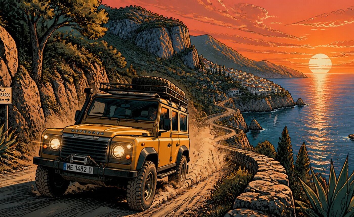 IBIZA GAME — escena de vehículo en carretera costera, estética videojuego
